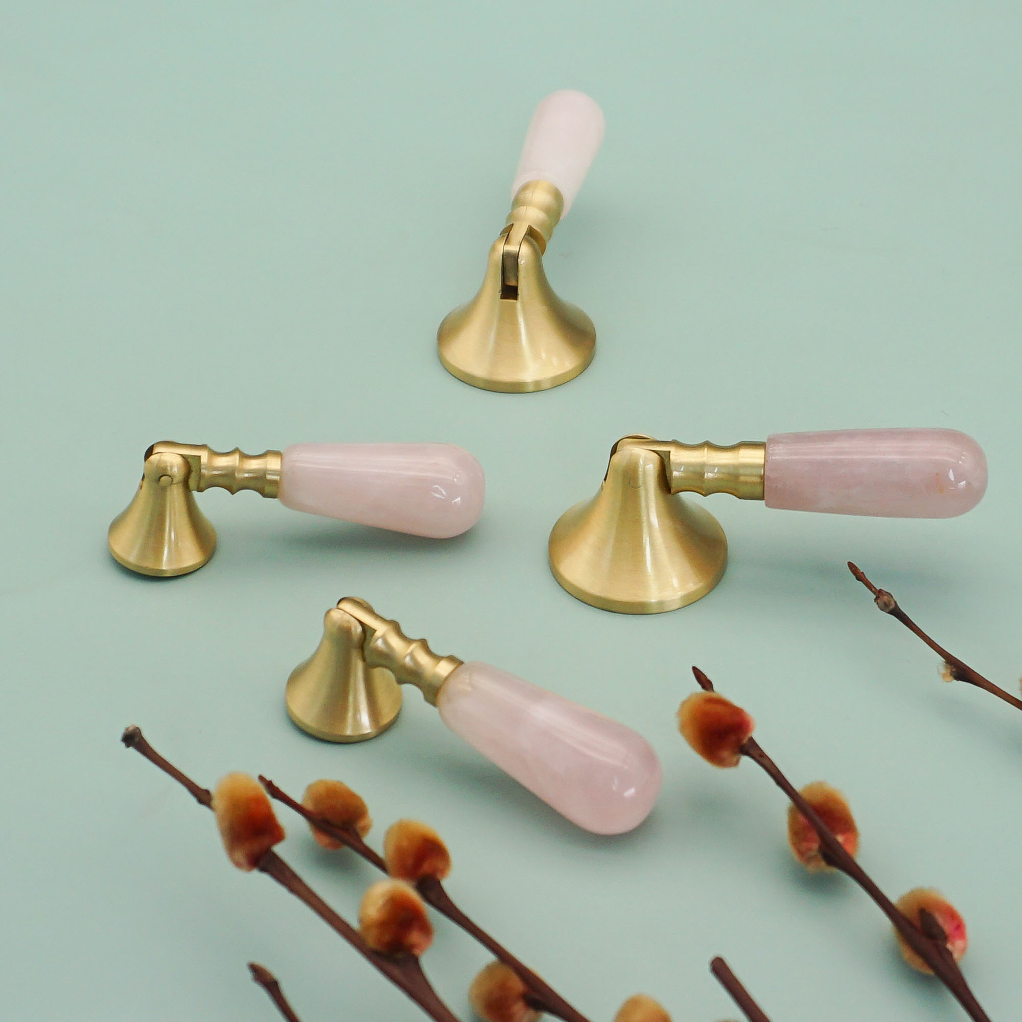 Furniture Hardware Drop Pulls - Pink Crystal + Brass Door Knobs